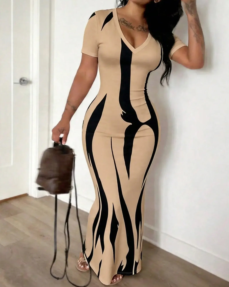 Robe Col V Rayure Ajustée Cintrée