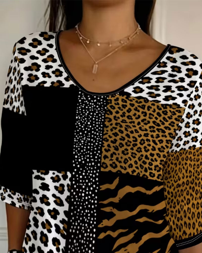 T-Shirt Léopard Zèbre Col Rond Demi-Manches