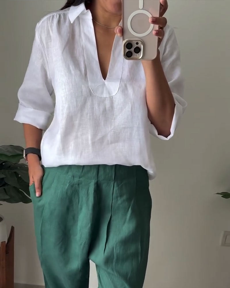 Blouse À Col En Coton-Lin
