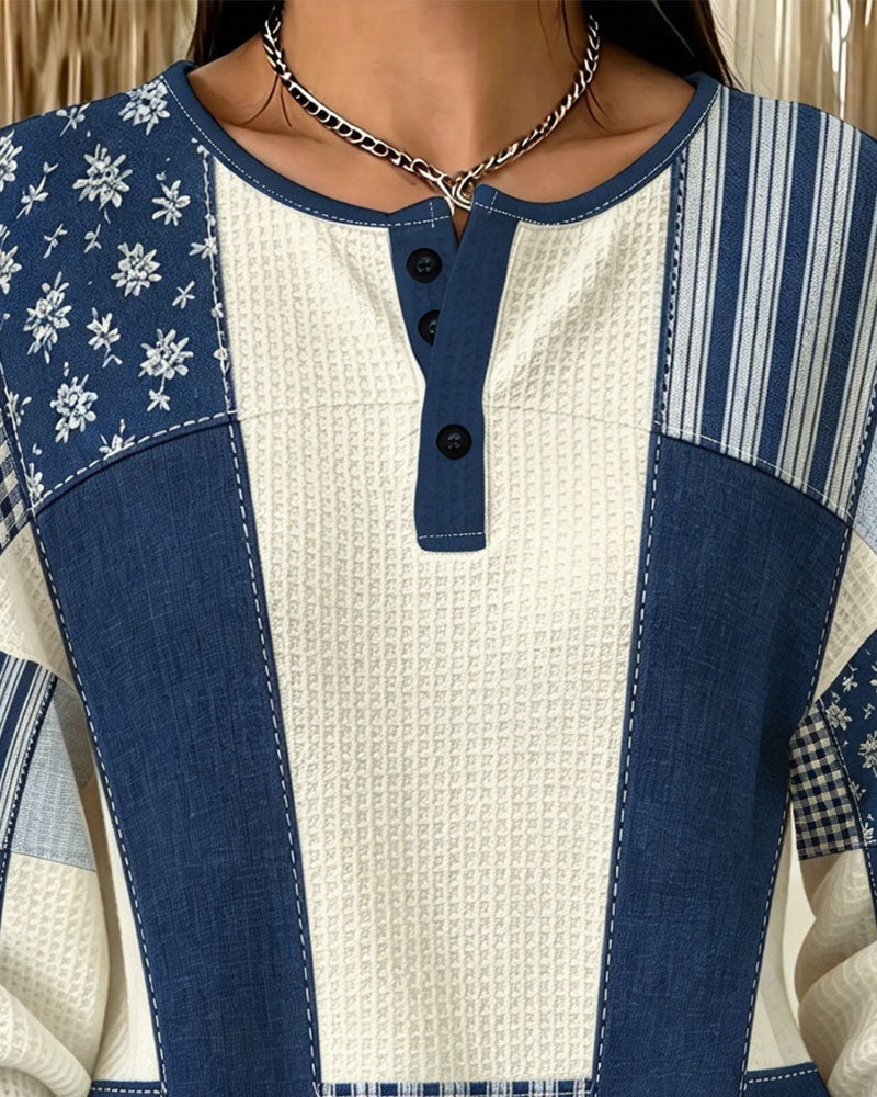 Sweatshirt Col Rond Bouton Floral Plaid