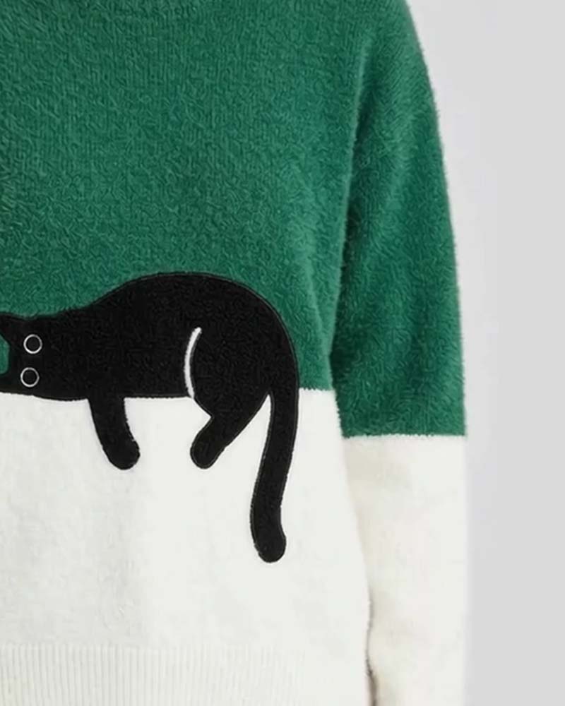 Pull Col Rond Couleur Contrastée Chat