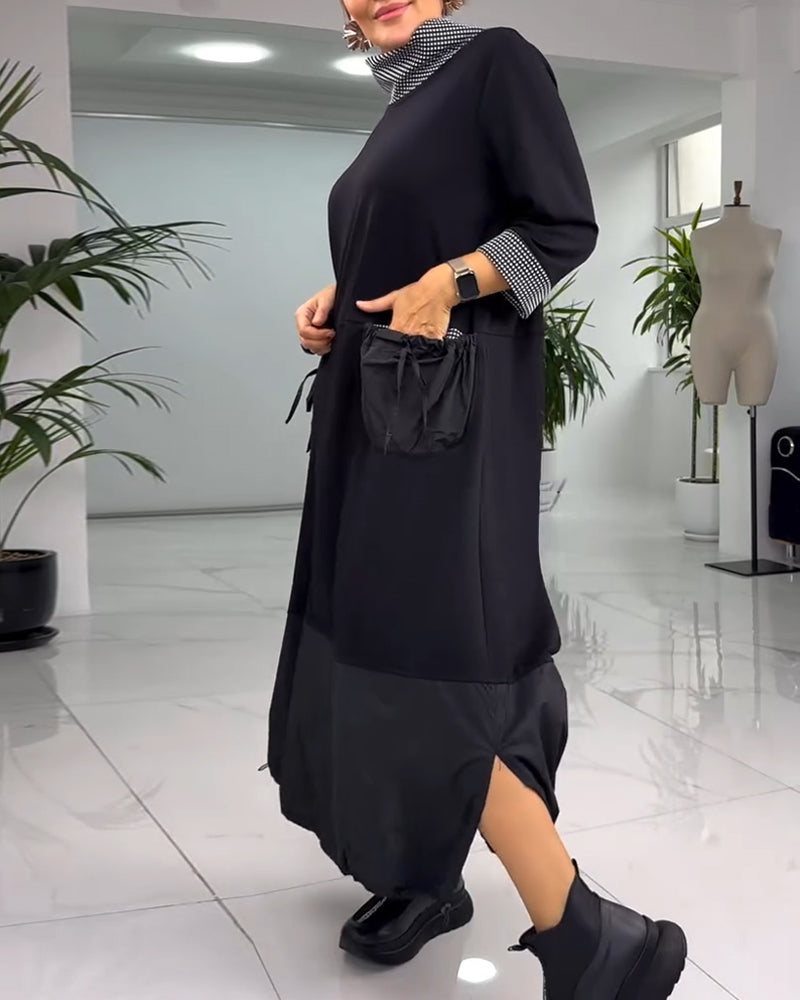 Robe patchwork à carreaux décontractée avec col montant et poche