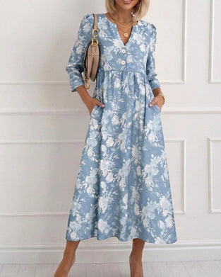 Robe Col V Bouton Florale Froncée