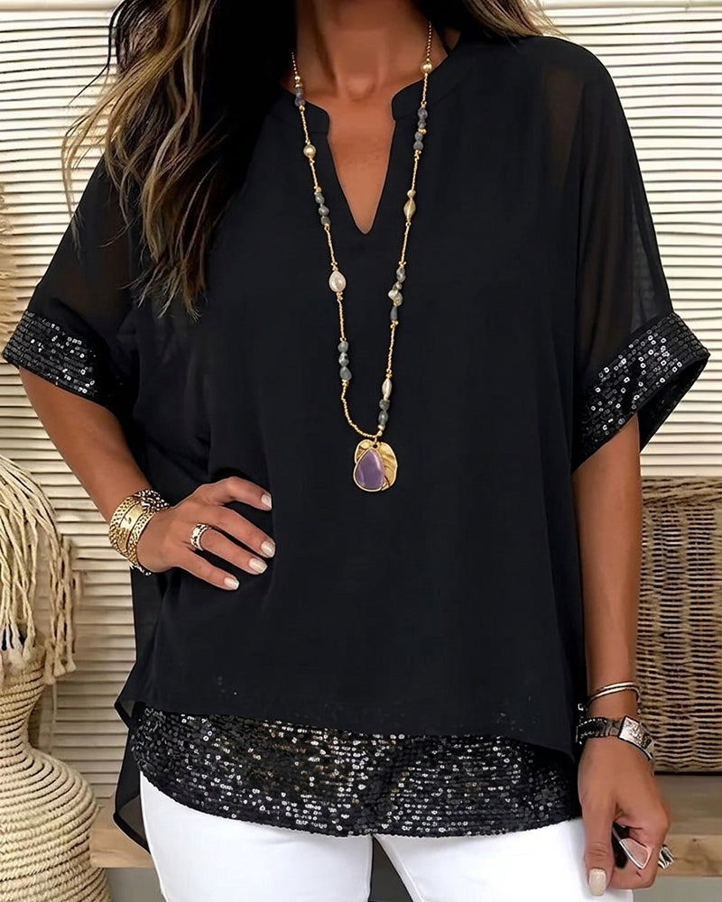 Blouse Paillettes Patchwork Transparent Lâche