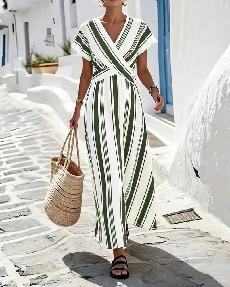 Robe Croix Col V Rayure Enveloppant Longue