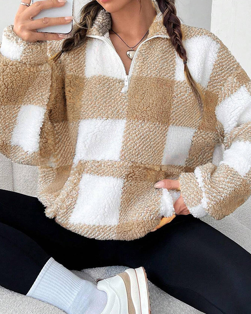 Sweat-Shirt Demi-Zip Col Montant À Carreaux