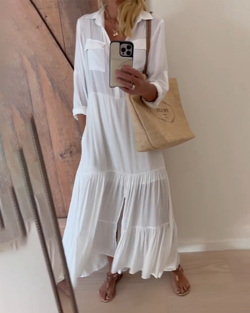 Robe décontractée patchwork de couleur unie à revers