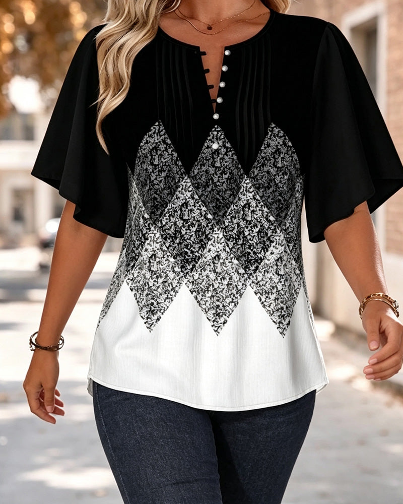 T-Shirt Col En V À Imprimé Dégradé Damier Diamant