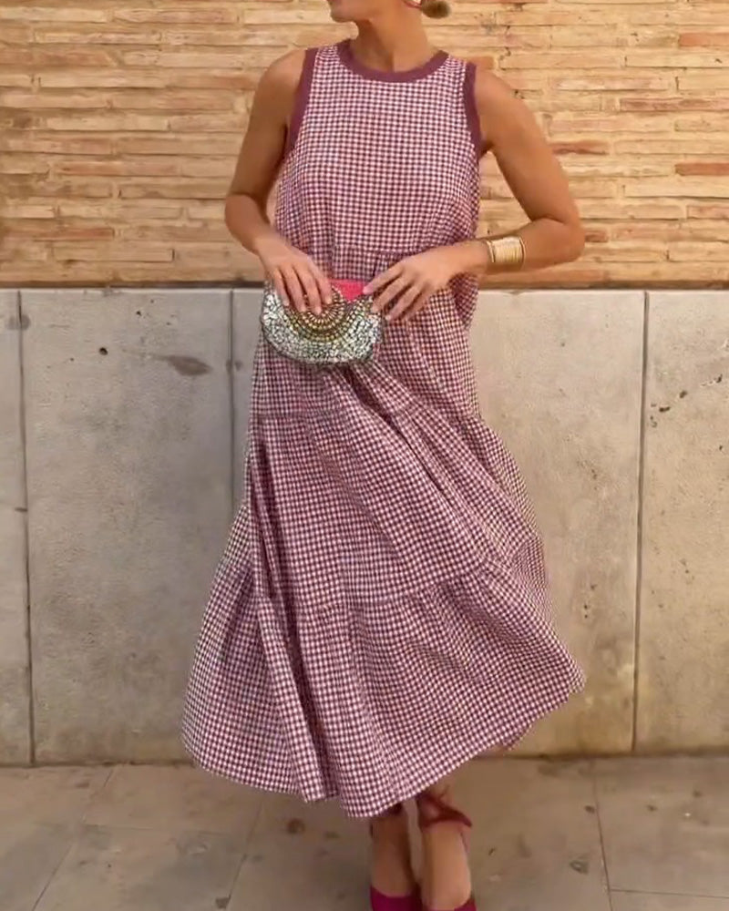 Robe Col Rond Plaid Sans Manches