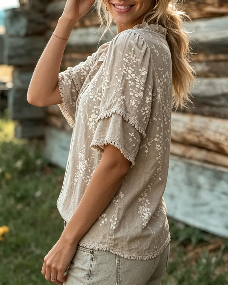 Blouse Col En V Dentelle Garniture Frange Imprimé