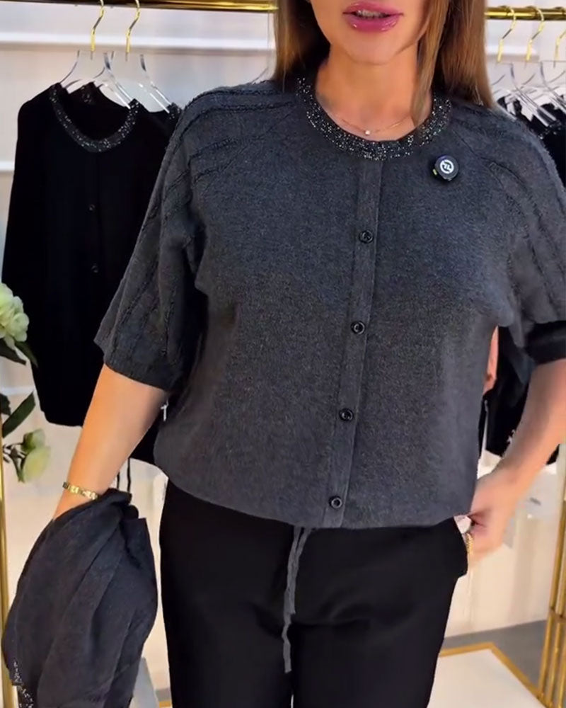 Pullover Col Rond Manches Courtes Simple Boutonnage