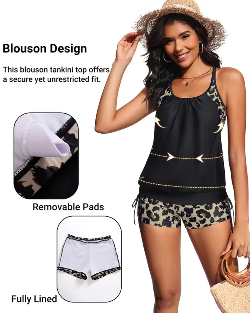 Tankini Sans Manches Léopard Patchwork Cordon De Serrage