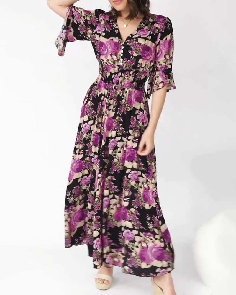 Robe longue à col en V à imprimé floral