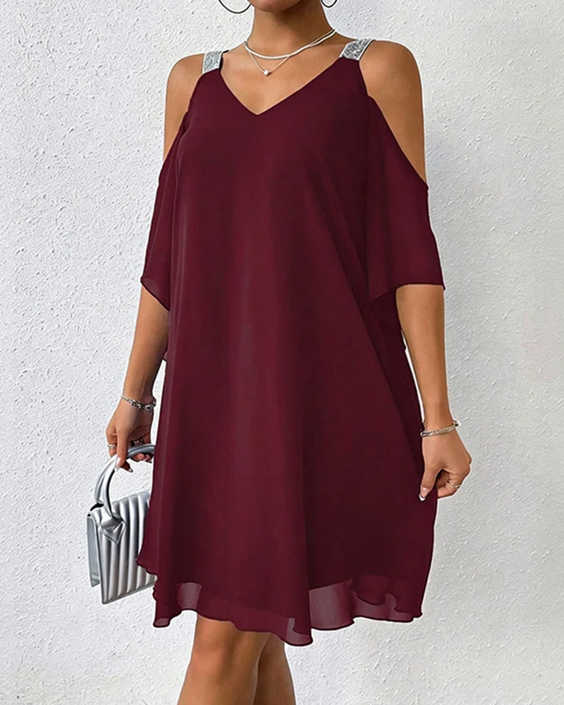 Robe Paillette Épaule Dégagée Unie