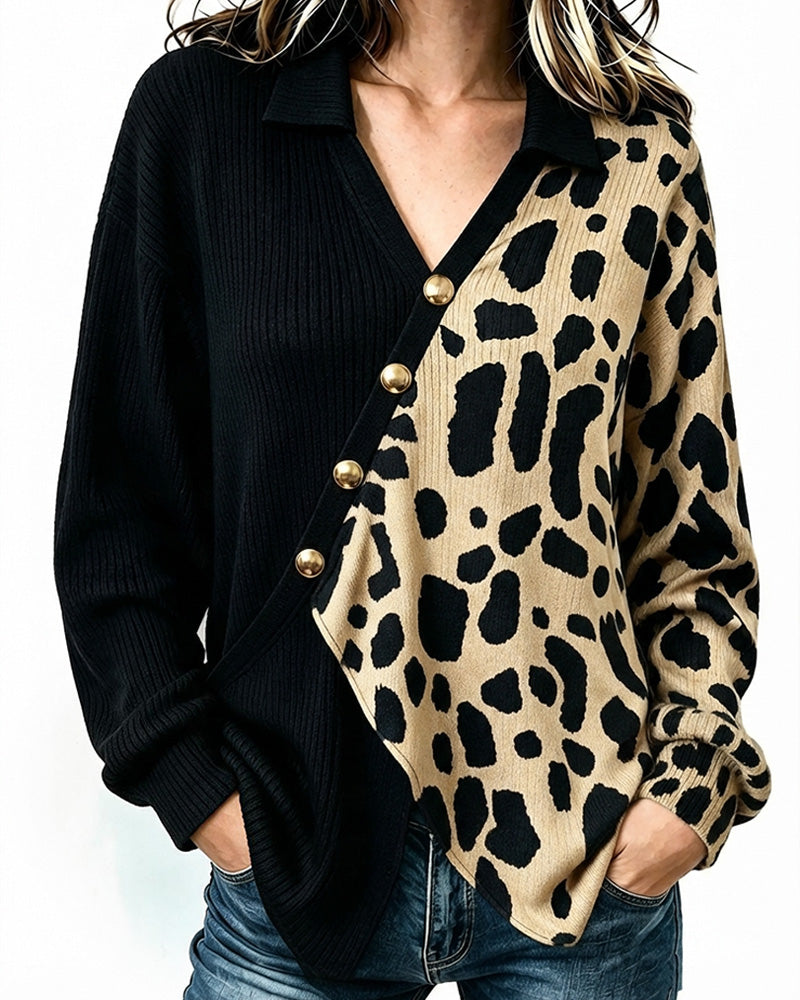 Pullover Léopard Patchwork Patte De Boutonnage Asymétrique Bloc De Couleur