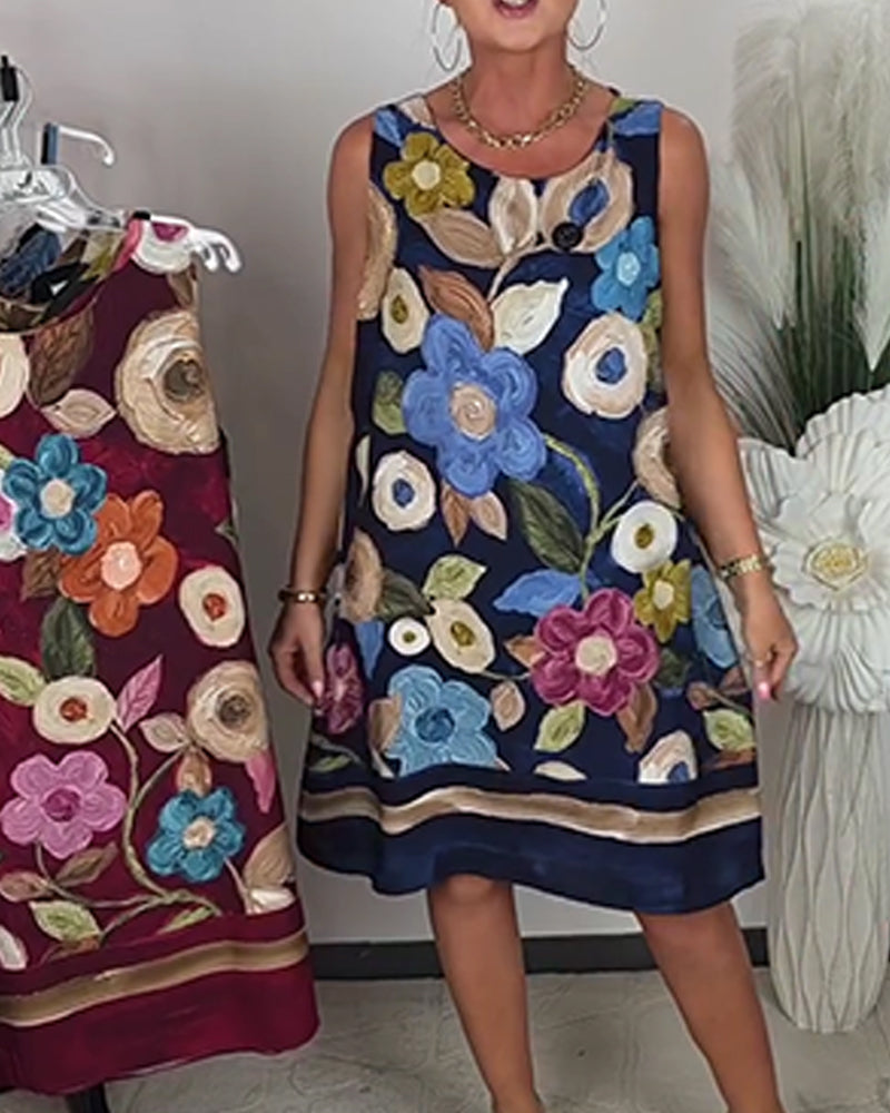 Robe Peinture À L‘huile Florale Sans Manches Droite