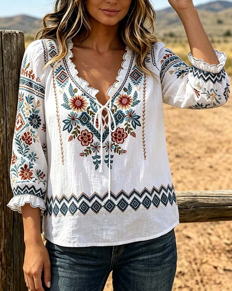 Blouse Col V Bohème Volant