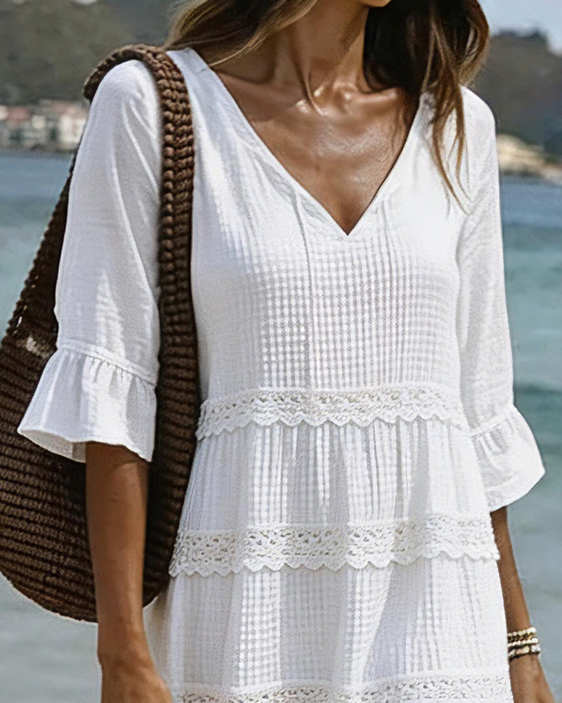 Robe Col V Dentelle Patchwork Manche Moyenne