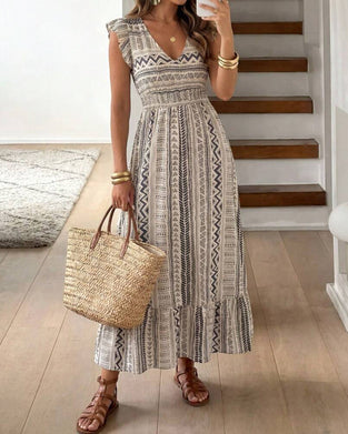 Robe Imprimé Géométrique Cintré Manche Papillon Maxi