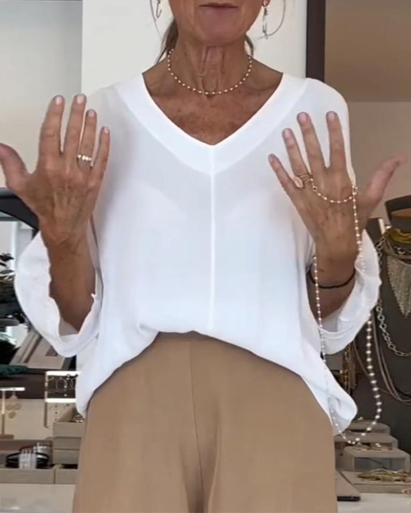 Chemisier patchwork décontracté à col en V et manches trois-quarts de couleur unie