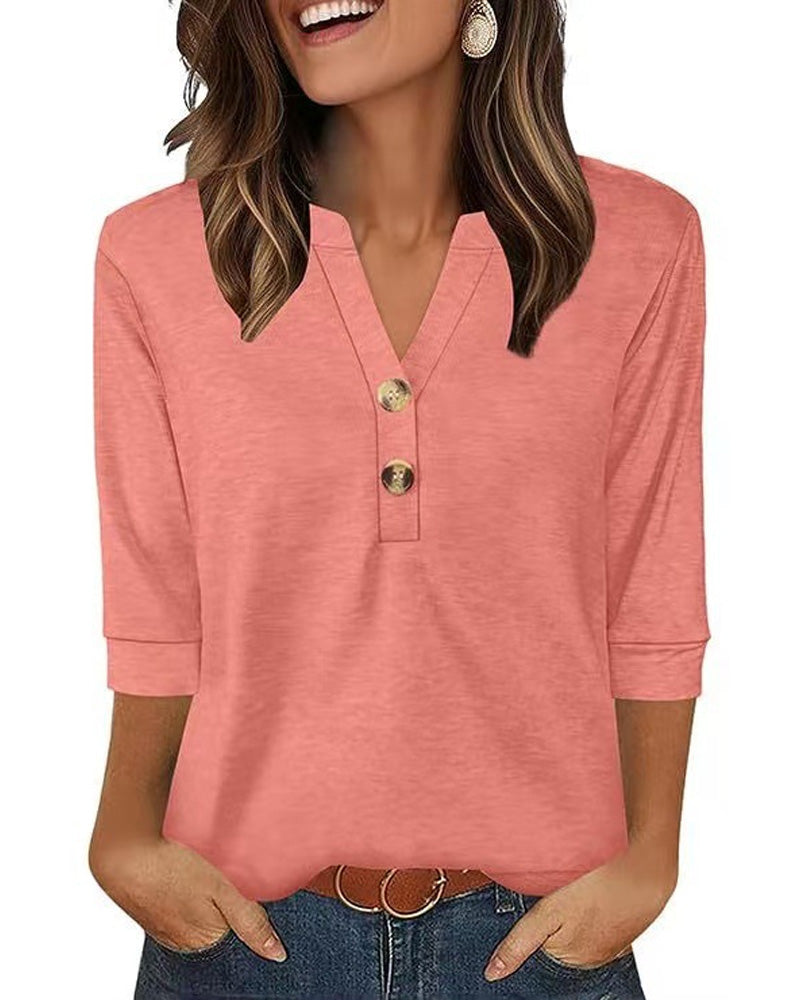 Blouse Col En V Boutonnée Manches Trois-Quarts