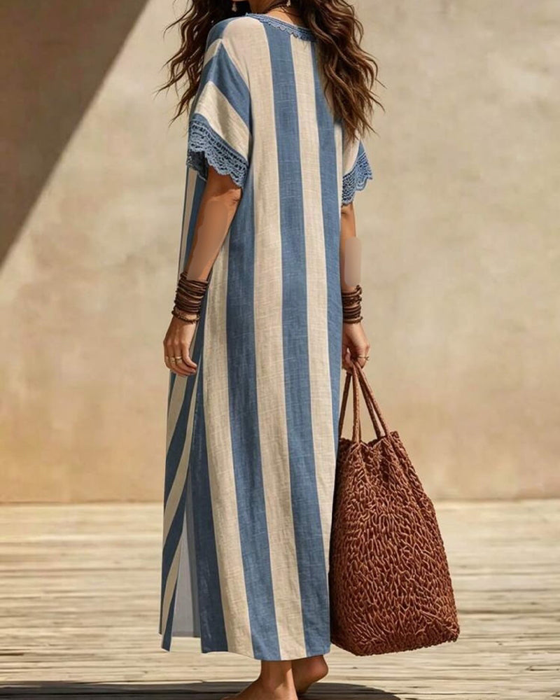 Robe Col V Rayée Décontractée