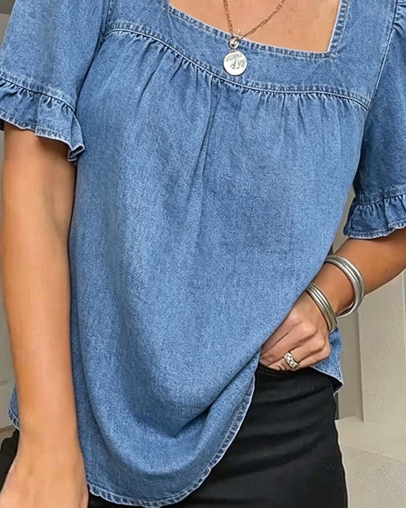 Chemisier Carré Encolure Volanté Denim