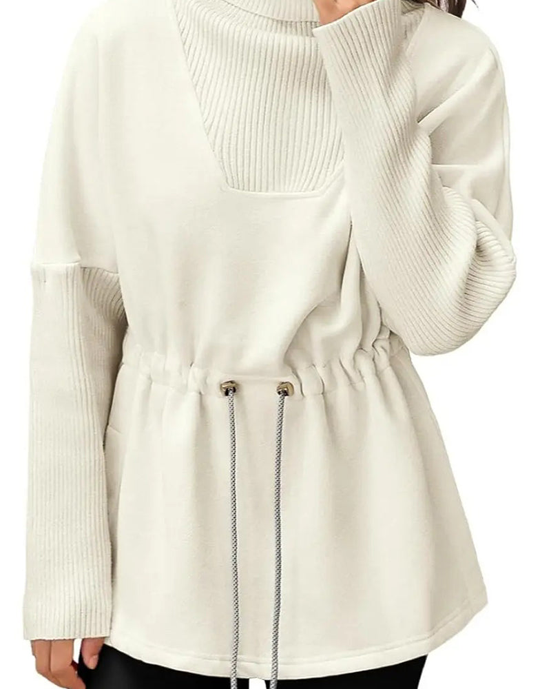 Sweat-Shirt Col Haut Manches Longues Taille Cordon
