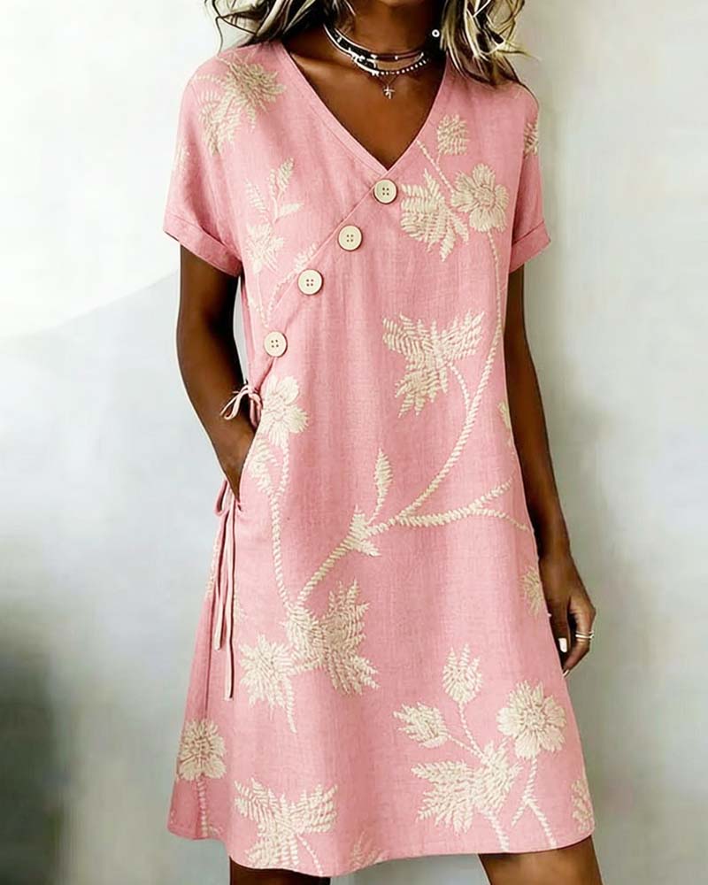Robe Bouton Diagonal Imprimé Col V Mini