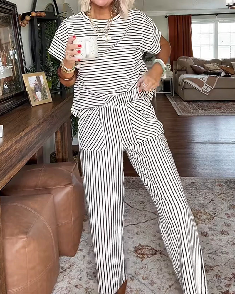 Ensemble Col Rond Rayé Taille Élastique Poche