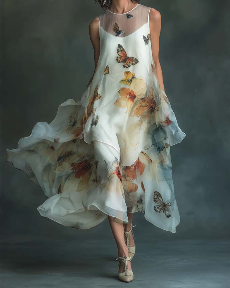Robe Sans Manches Papillon Imprimé