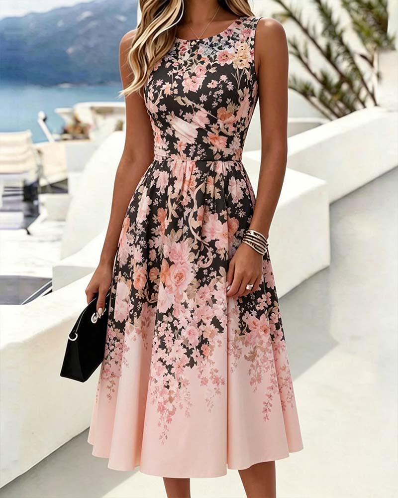 Robe Sans Manches Col Rond Taille Haute Imprimée