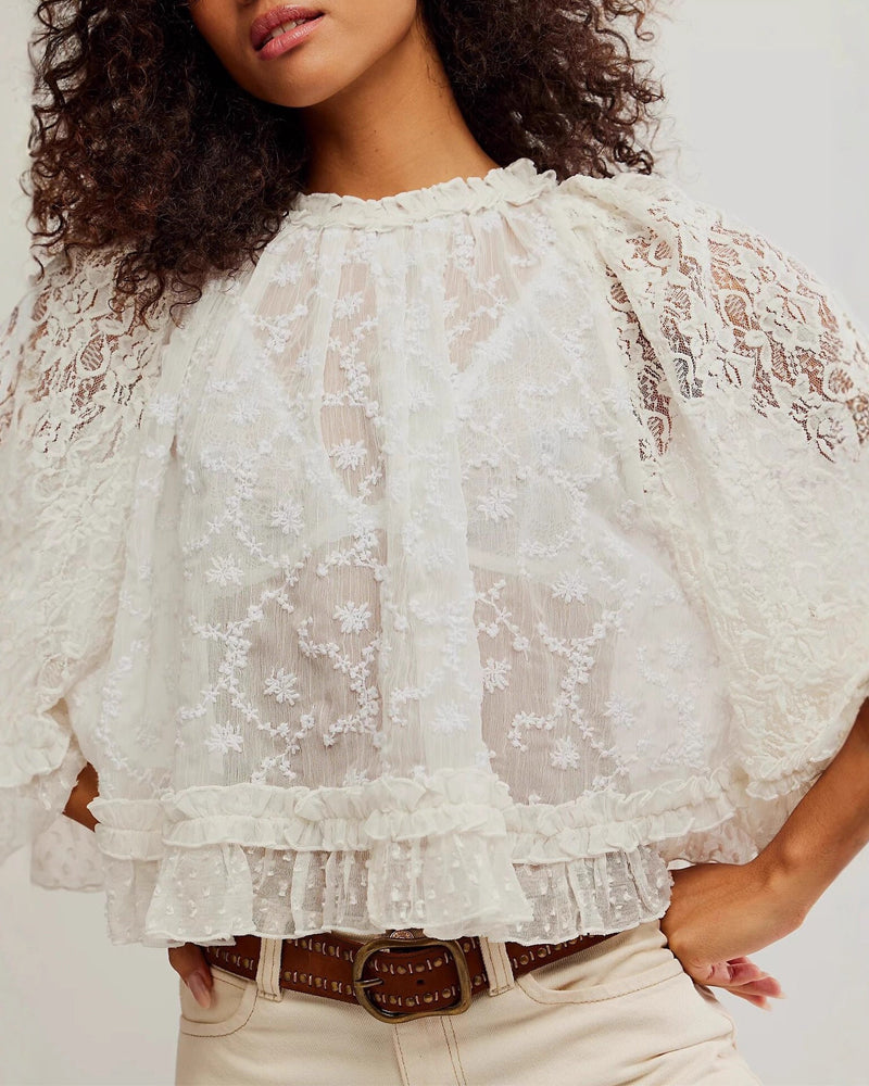 Blouses de protection solaire à manches volantées en dentelle ajourée