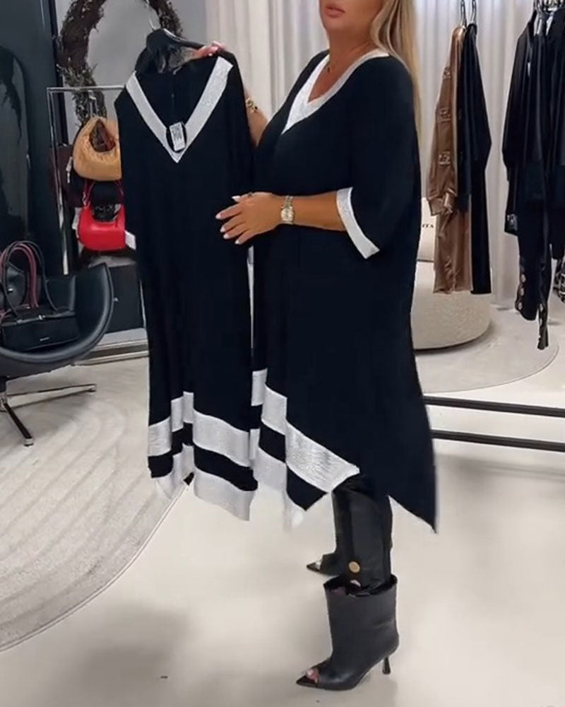 Robe Col En V Manches Courtes Bloc De Couleur Coupe Loose