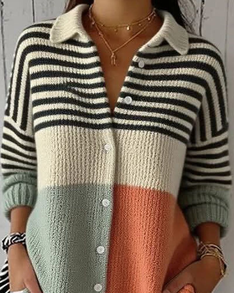 Veste Revers Bouton Rayure Bloc De Couleur