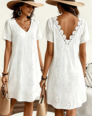 Robe Col V Dentelle Découpée Dos Nu