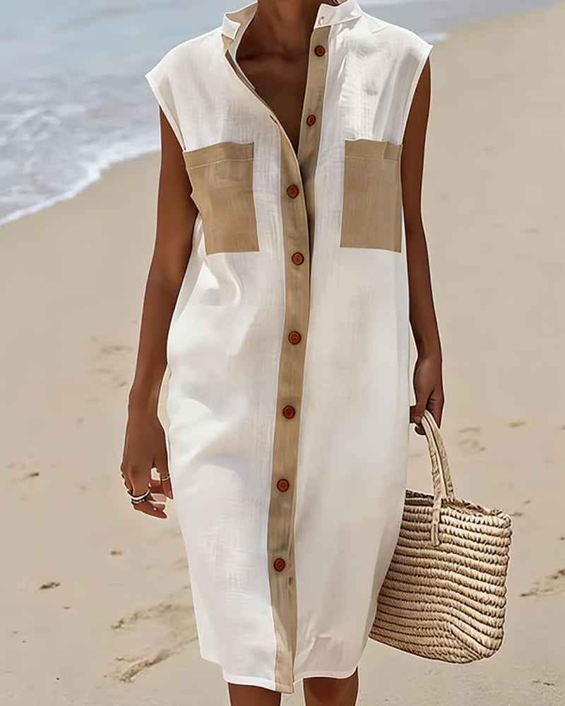 Robe Bloc De Couleur Sans Manches Chemise Midi