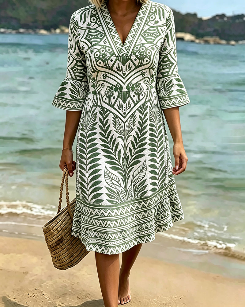 Robe Col V Manches Volant Imprimé Feuilles