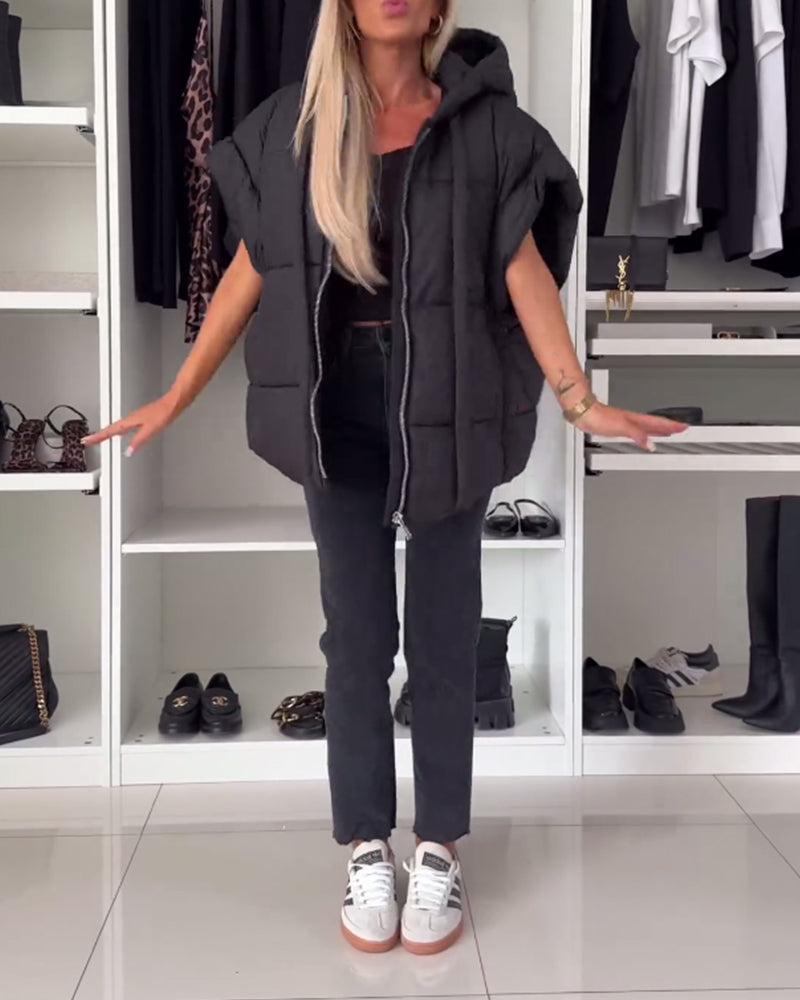 Vestes matelassées à manches courtes avec fermeture éclair et capuche de couleur unie