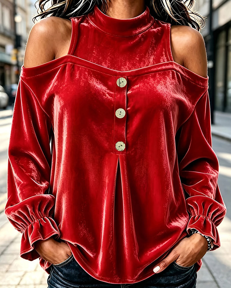 Blouse Velours Bardot Bouton En Bois