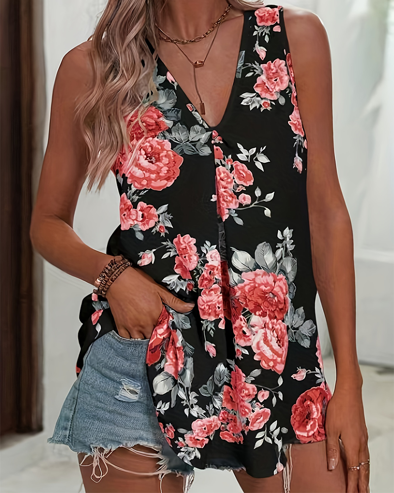Chemisiers Avec Imprimé Rose, Col En V Et Sans Manches