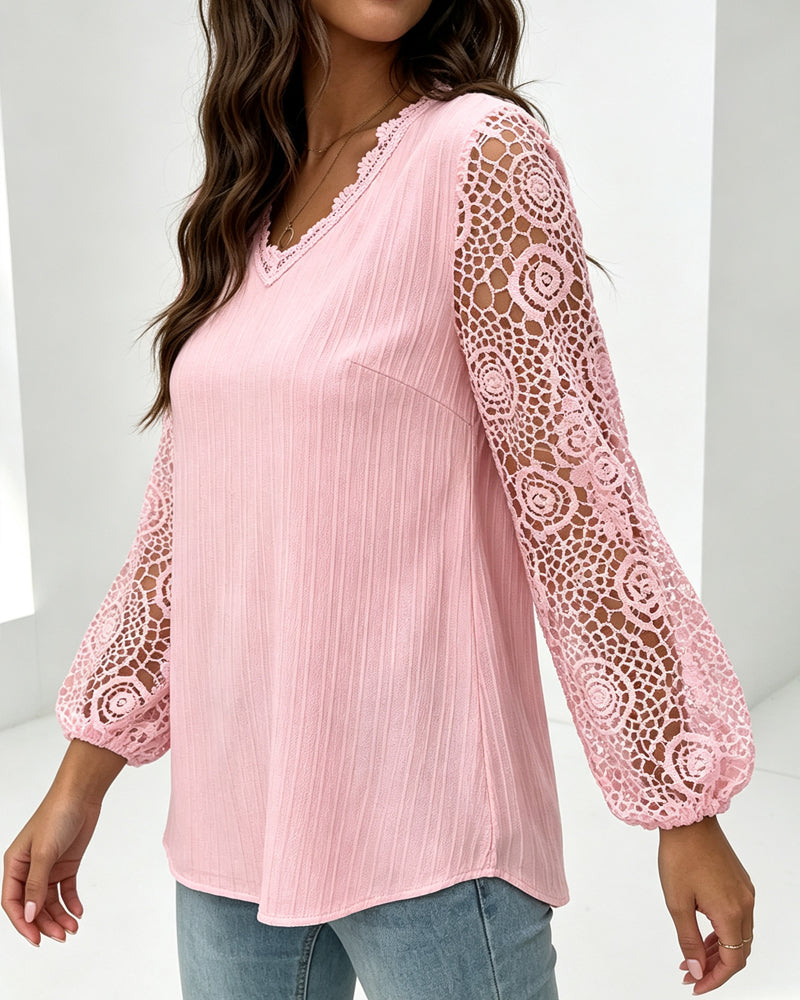 Blouse Col V Manche Lanterne Décontractée