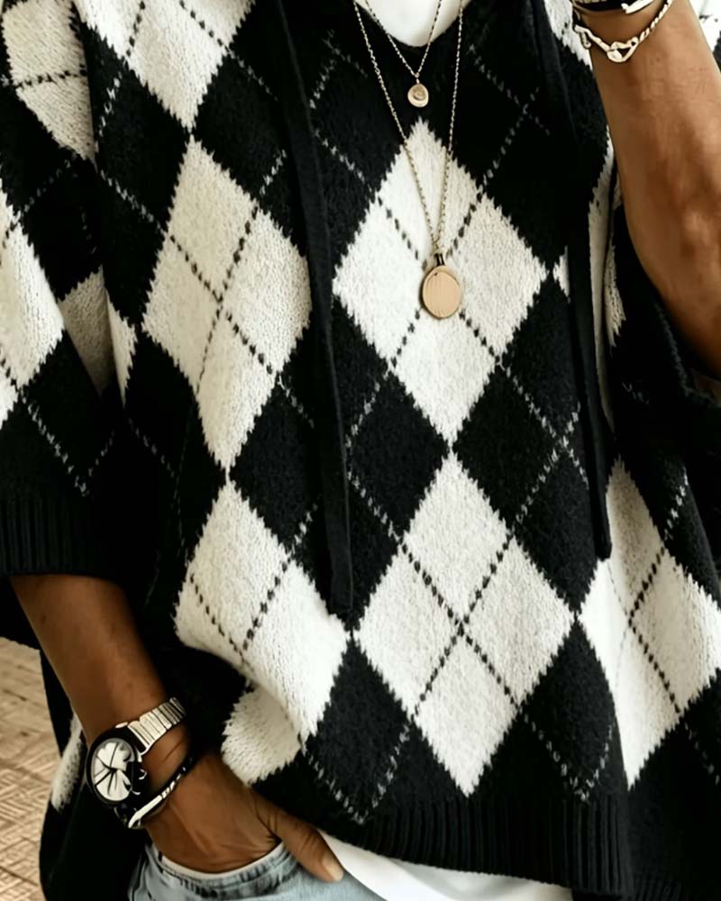 Pull À Capuche Plaid Manches Trois-Quarts