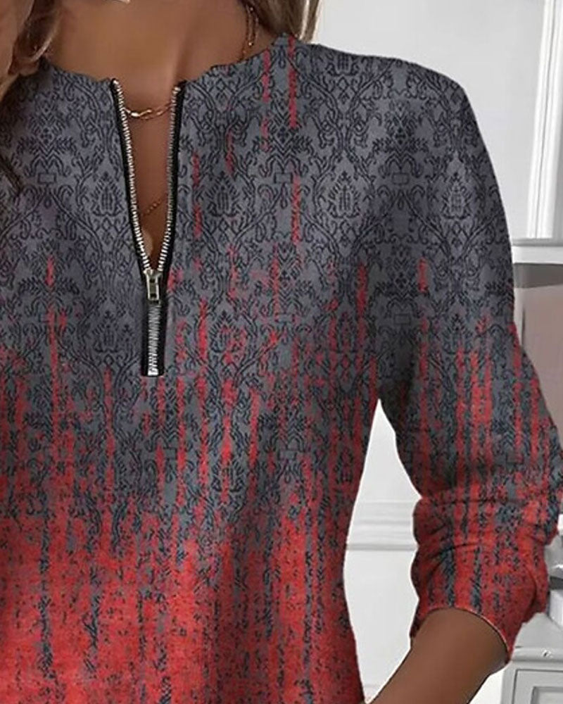 Sweatshirt Dégradé Imprimé Vintage Demi-Fermeture Éclair
