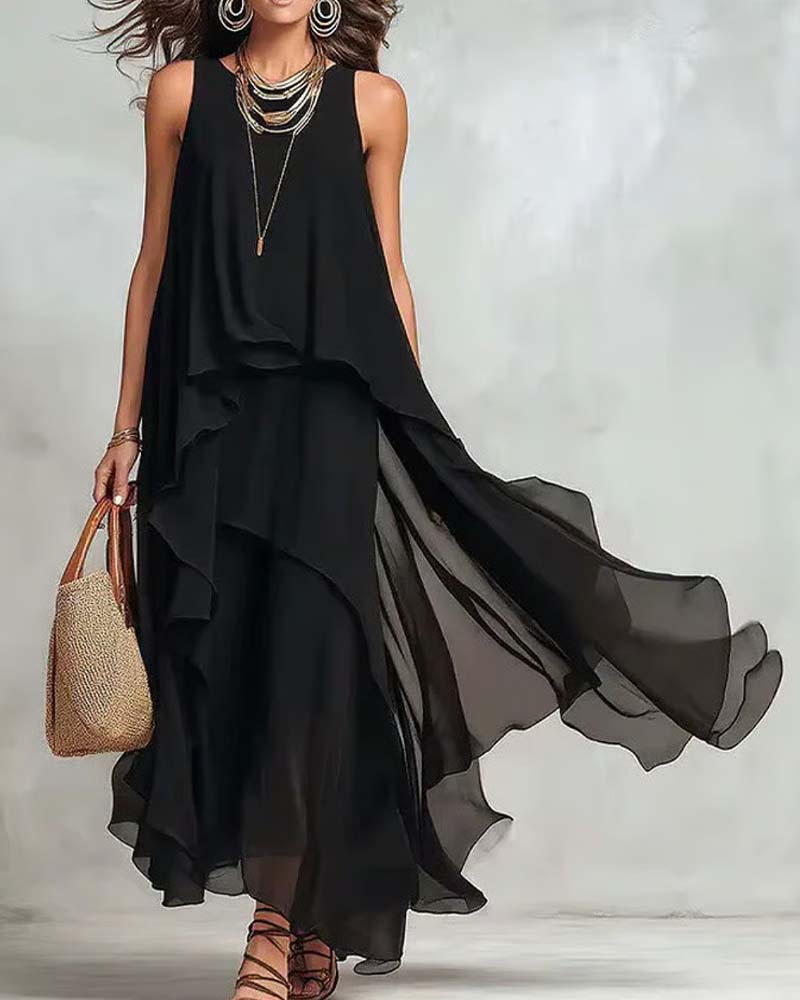 Robe Col Rond Sans Manches Irrégulière