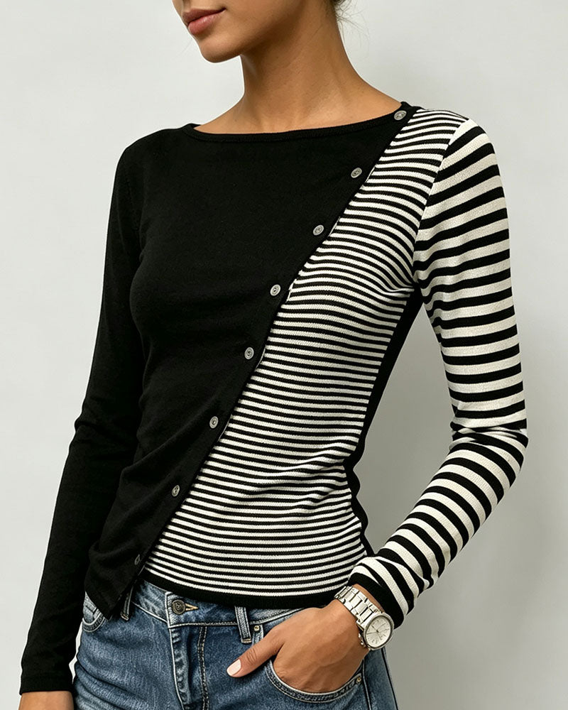 T-Shirt Contraste Rayé Bouton Patchwork
