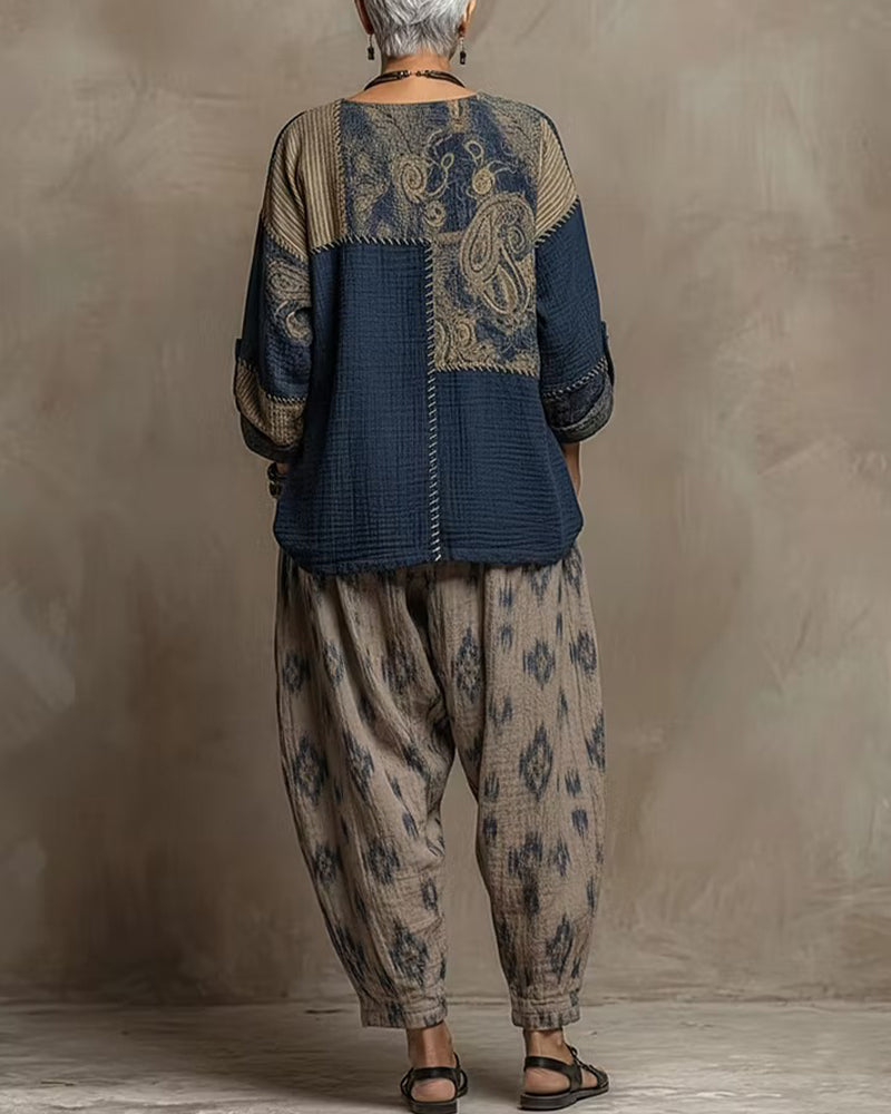 Ensemble Col Rond Vintage Patchwork Haut + Motif Pantalon Effilé