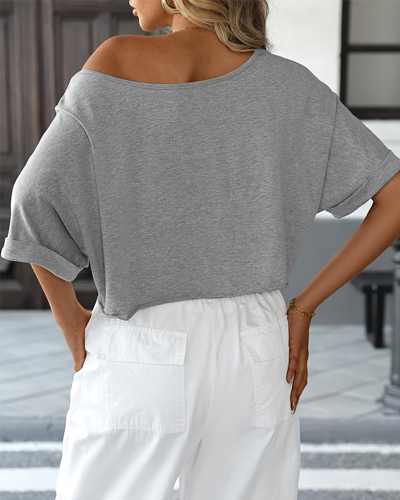 T-Shirts Off-Shoulder Asymétrique Déchiré Ourlet Roulé