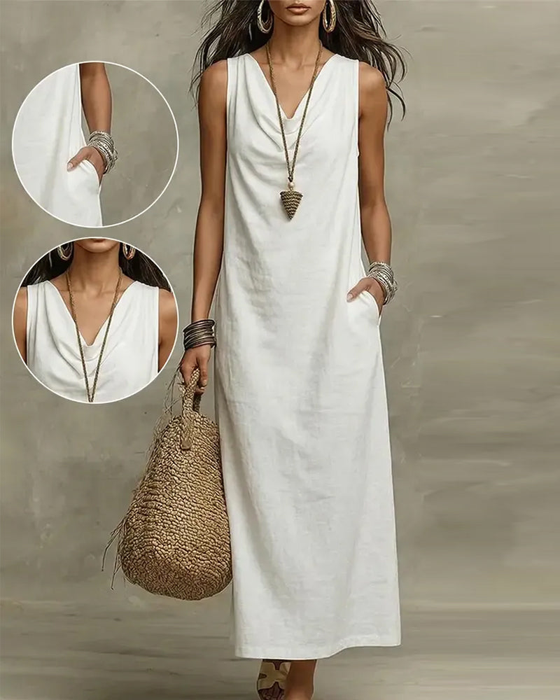 Robe Col Plissé Sans Manches