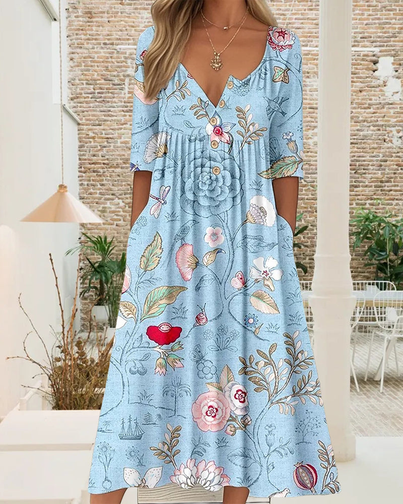 Robe Demi-Manche Imprimé Plissé A-Ligne